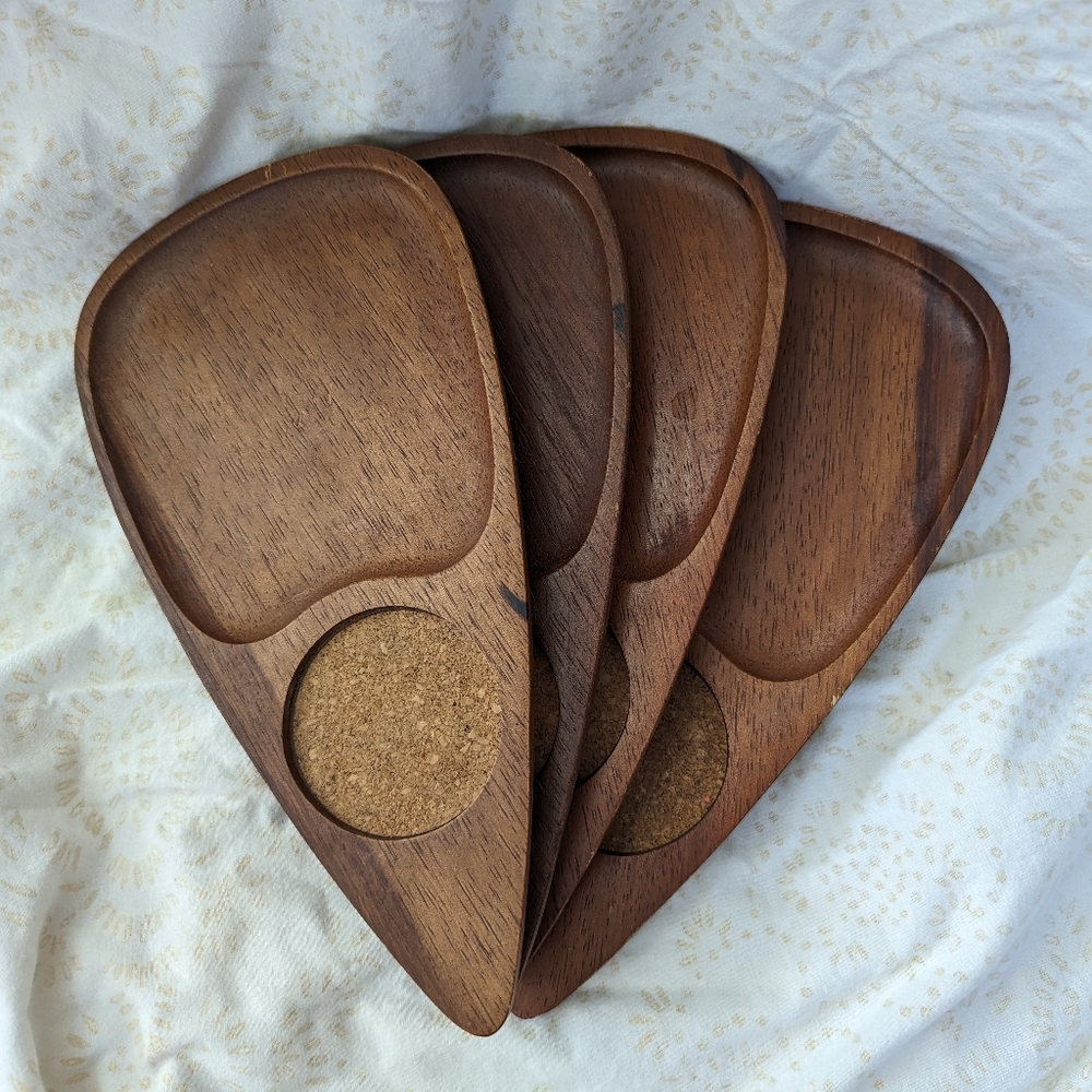 🎩Vintage Set of 4 MCM 11" Tear Drop Hand Carved Hardwood Snack Coasters - Japan